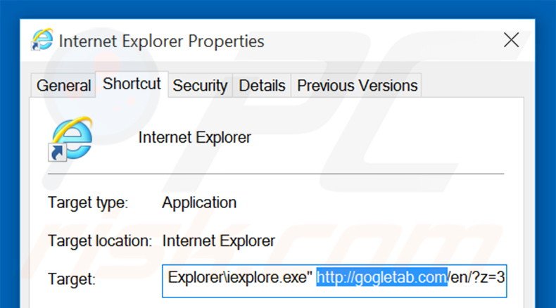 Verwijder gogletab.com als doel van de Internet Explorer snelkoppeling stap 2