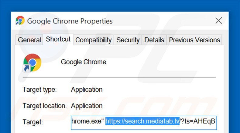 Verwijder search.mediatab.tv als doel van de Google Chrome snelkoppeling stap 2