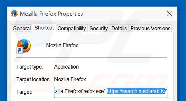 Verwijder search.mediatab.tv als doel van de Mozilla Firefox snelkoppeling stap 2