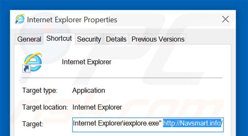 Verwijder navsmart.info als doel van de Internet Explorer snelkoppeling stap 2