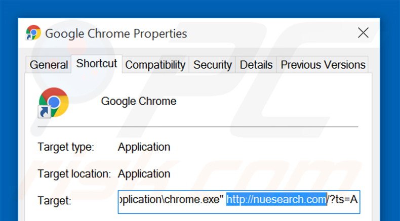 Verwijder nuesearch.com als doel van de Google Chrome snelkoppeling stap 2