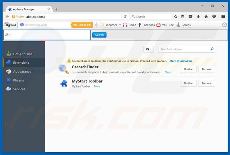 Verwijder aan nuesearch.com gerelateerde Mozilla Firefox extensies