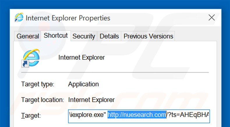 Verwijder nuesearch.com als doel van de Internet Explorer snelkoppeling stap 2