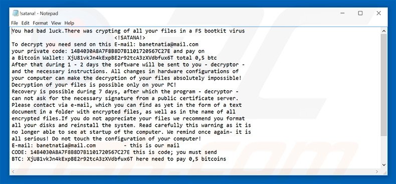 !SATANA! ransomware tekstbestand