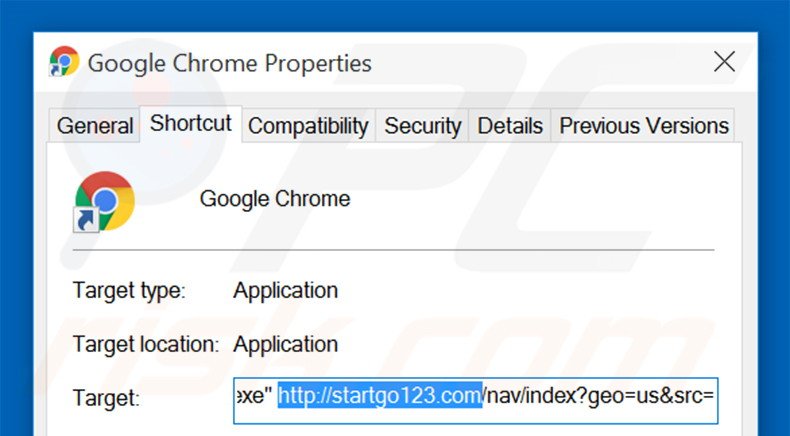 Verwijder startgo123.com als doel van de Google Chrome snelkoppeling stap 2