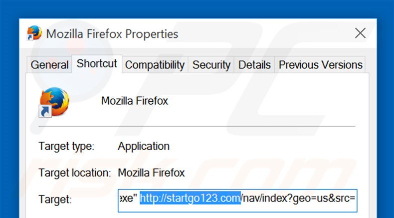 Verwijder startgo123.com als doel van de Mozilla Firefox snelkoppeling stap 2