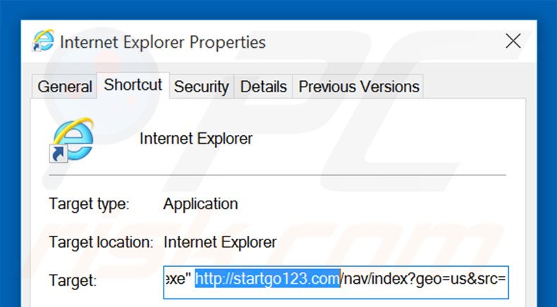 Verwijder startgo123.com als doel van de Internet Explorer snelkoppeling stap 2