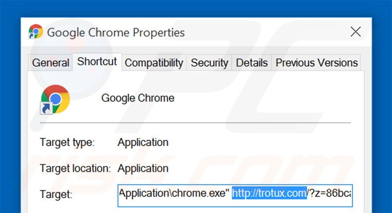 Verwijder trotux.com als doel van de Google Chrome snelkoppeling stap 2