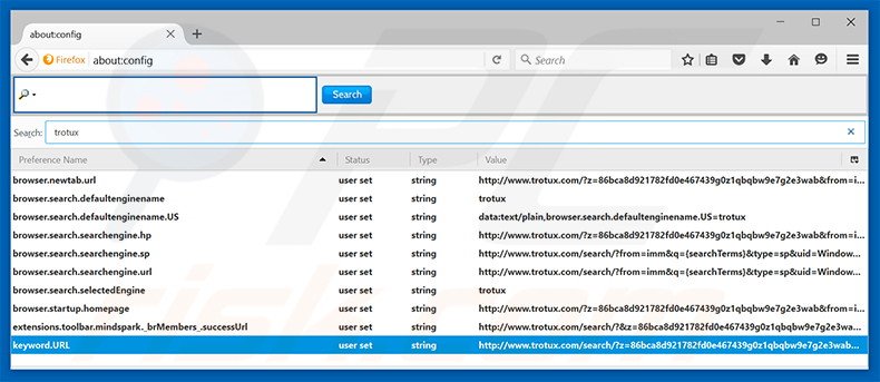 Verwijder trotux.com als standaard zoekmachine in Mozilla Firefox
