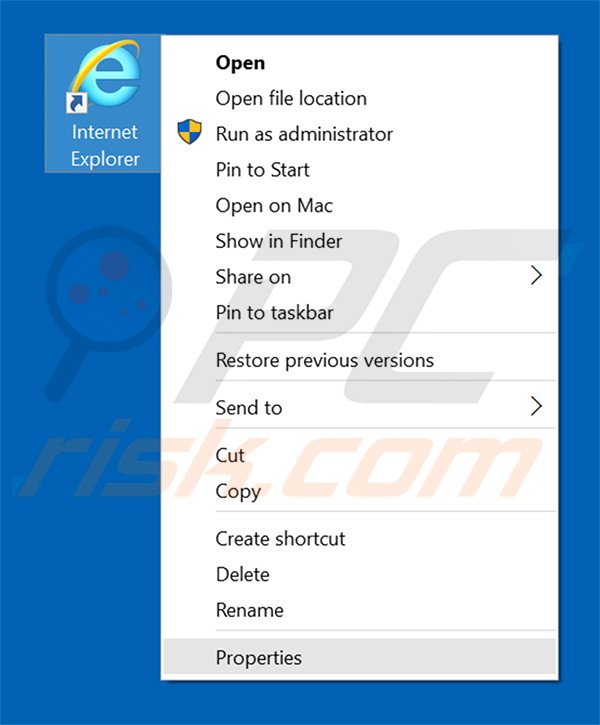 Verwijder trotux.com als doel van de Internet Explorer snelkoppeling stap 1