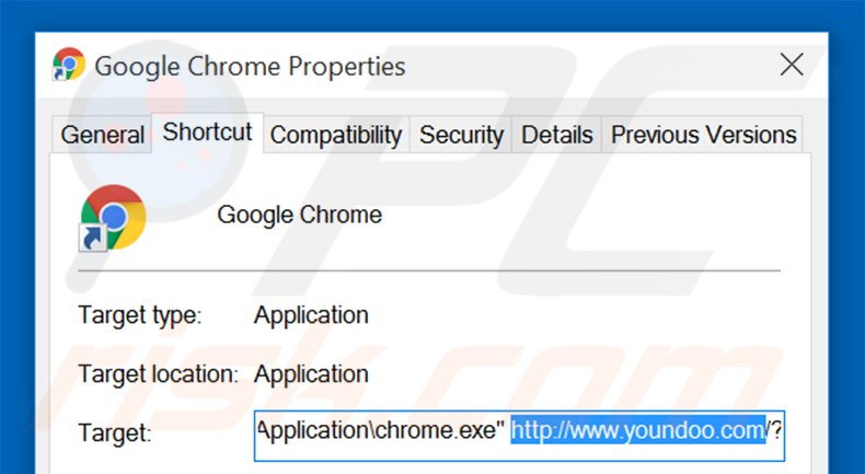 Verwijder youndoo.com als doel van de Google Chrome snelkoppeling stap 2