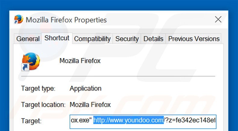Verwijder youndoo.com als doel van de Mozilla Firefox snelkoppeling stap 2