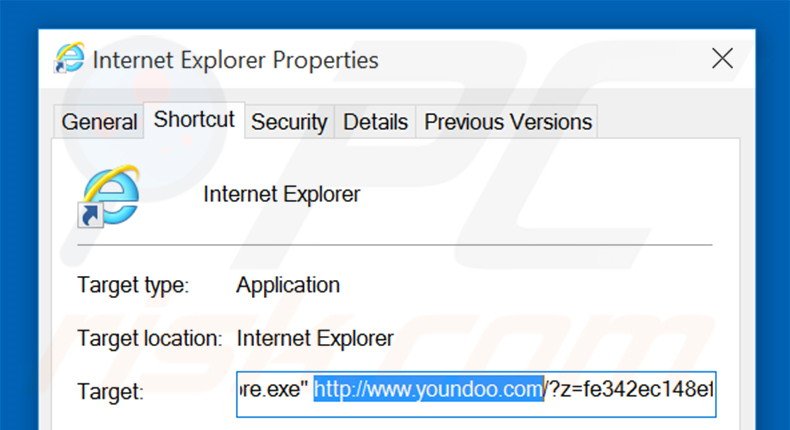 Verwijder youndoo.com als doel van de Internet Explorer snelkoppeling stap 2