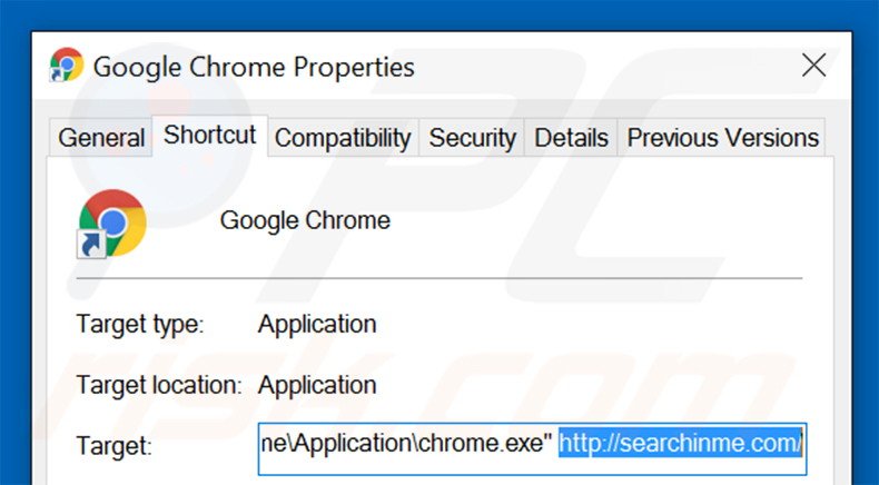 Verwijder searchinme.com als doel van de Google Chrome snelkoppeling stap 2