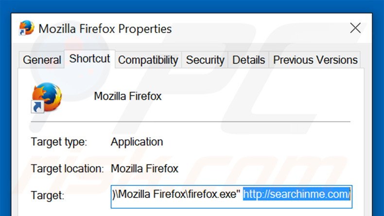 Verwijder searchinme.com als doel van de Mozilla Firefox snelkoppeling stap 2