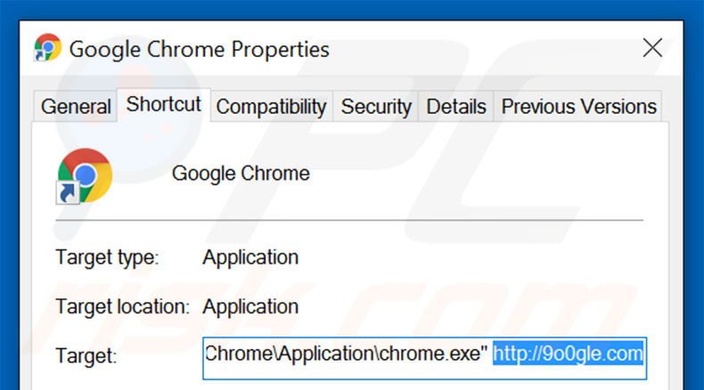 Verwijder 9o0gle.com als doel van de Google Chrome snelkoppeling stao 2