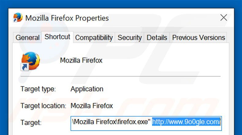 Verwijder 9o0gle.com als doel van de Mozilla Firefox snelkoppeling stap 2