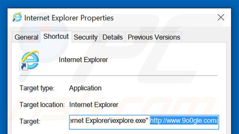 Verwijder 9o0gle.com als doel van de Internet Explorer snelkoppeling stap 2