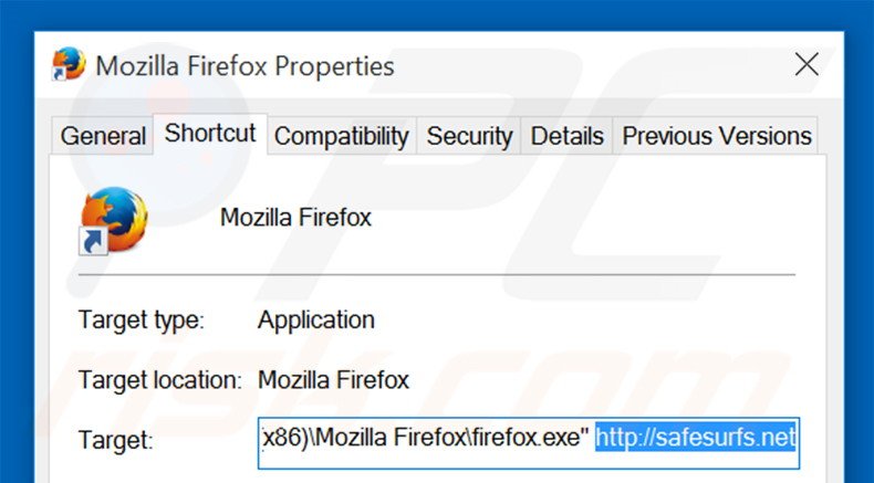 Verwijder safesurfs.net als doel van de Mozilla Firefox snelkoppeling stap 2