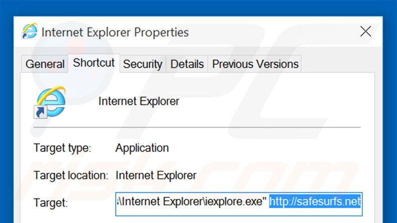 Verwijder safesurfs.net als doel van de Internet Explorer snelkoppeling stap 2