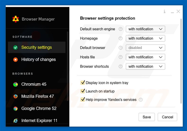 Browserbeheer bevordert yandex.ru