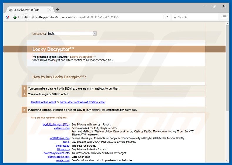 Zepto ransomware website (identiek aan Locky's)