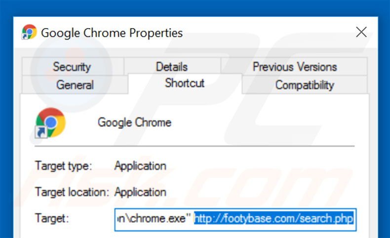 Verwijder footybase.com als doel van de Chrome snelkoppeling stap  2