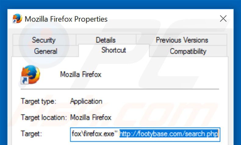 Verwijder footybase.com als doel van de Firefox snelkoppeling stap 2