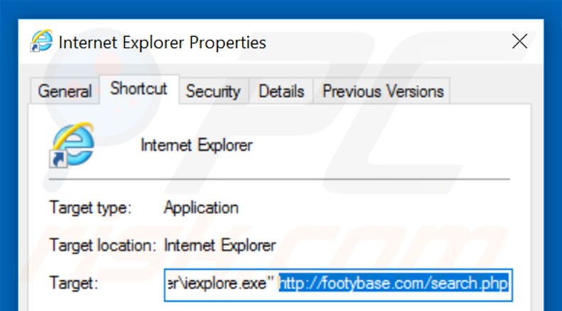 Verwijder footybase.com als doel van de Internet Explorer snelkoppeling stap 2