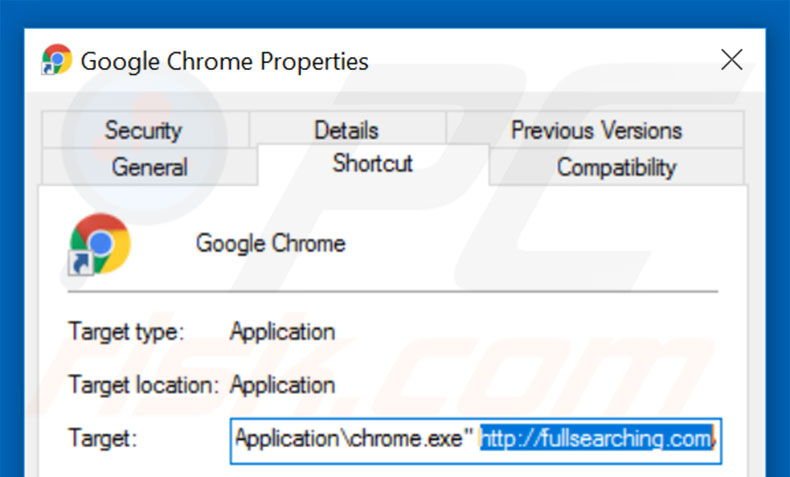 Verwijder fullsearching.com als doel van de Google Chrome snelkoppeling stap 2