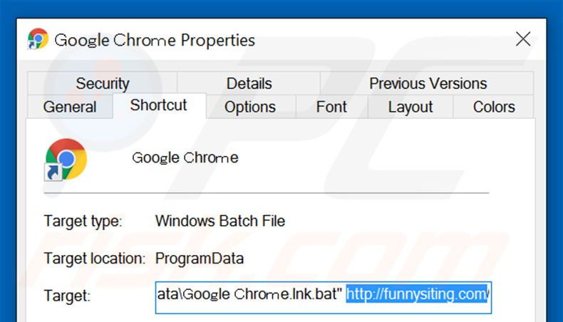 Verwijder funnysiting.com als doel van de Google Chrome snelkoppeling stap 2