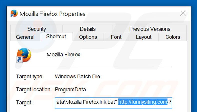 Verwijder funnysiting.com als doel van de Mozilla Firefox snelkoppeling stap 2