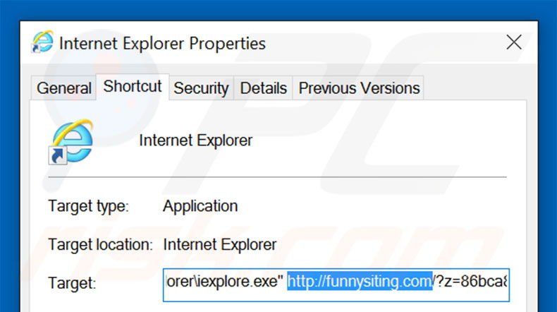 Verwijder funnysiting.com als doel van de Internet Explorer snelkoppeling stap 2