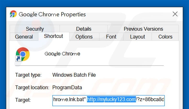 Verwijder mylucky123.als doel van de Google Chrome snelkoppeling stap 2