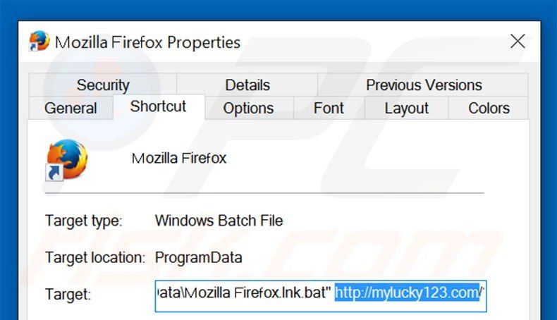 Verwijder mylucky123.com als doel van de Mozilla Firefox snelkoppeling stap 2