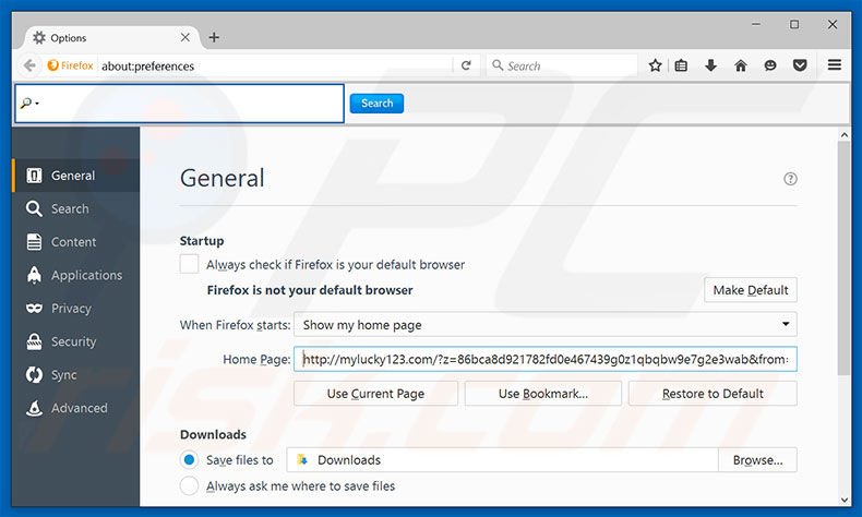 Verwijder mylucky123.com als startpagina in Mozilla Firefox