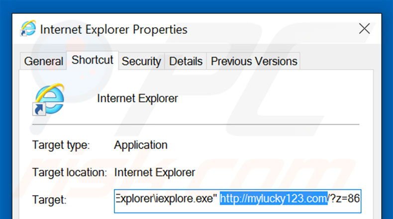 Verwijder mylucky123.com als doel van de Internet Explorer snelkoppeling stap 2