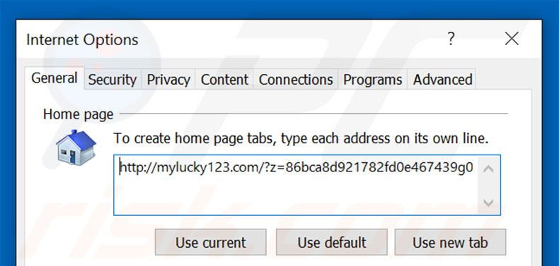 Verwijder mylucky123.com als doel van de Internet Explorer startpagina