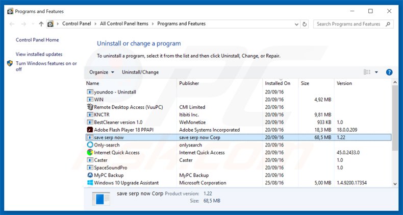 save serp now adware verwijdering via het Controle Paneel