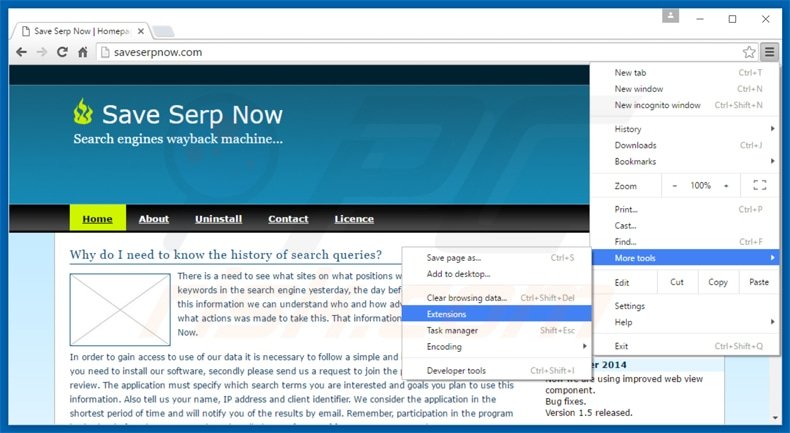 Verwijder de save serp now adware uit Google Chrome stap 1