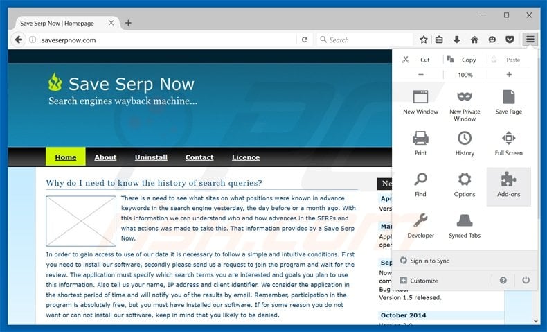 Verwijder de save serp now adware uit Mozilla Firefox stap 1