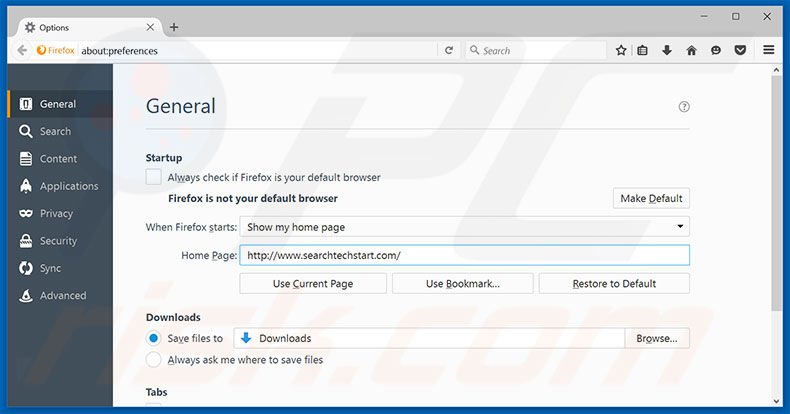 Verwijder searchtechstart.com als startpagina in Mozilla Firefox