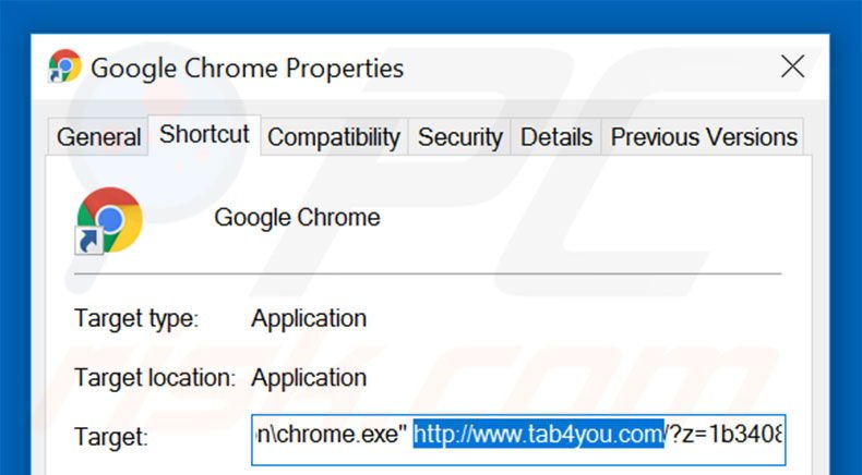 Verwijer tab4you.com als doel van de Google Chrome snelkoppeling stap