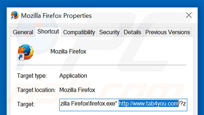 Verwijder tab4you.com als doel van de Mozilla Firefox snelkoppeling stap 2