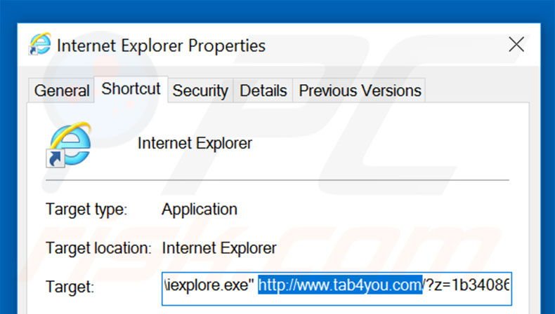 Verwijder tab4you.com als doel van de Internet Explorer snelkoppeling stap 2