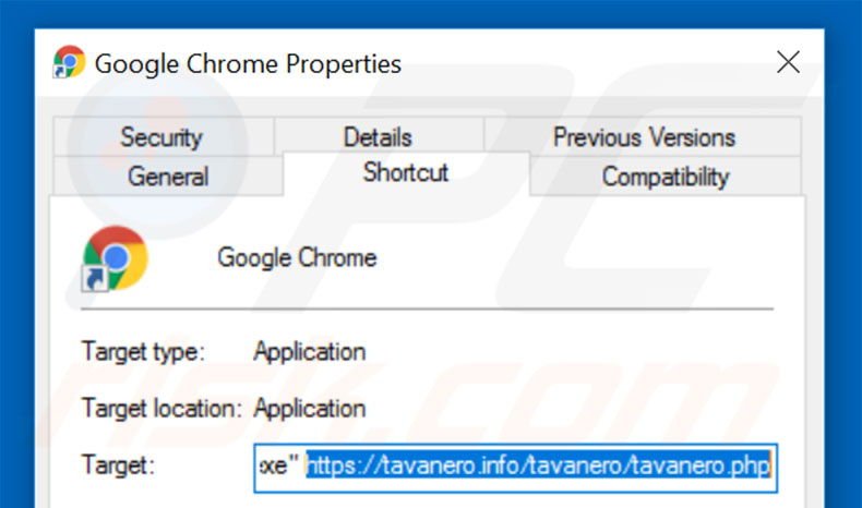 Verwijder tavanero.info als doel van de snelkoppeling naar Google Chrome stap  2