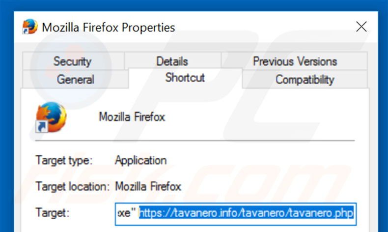 Verwijder tavanero.info als doel van de snelkoppeling naar Mozilla Firefox stap 2