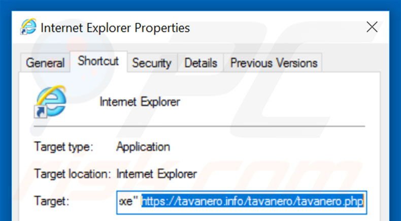 Verwijder tavanero.info als doel van de snelkoppeling naar Internet Explorer stap 2