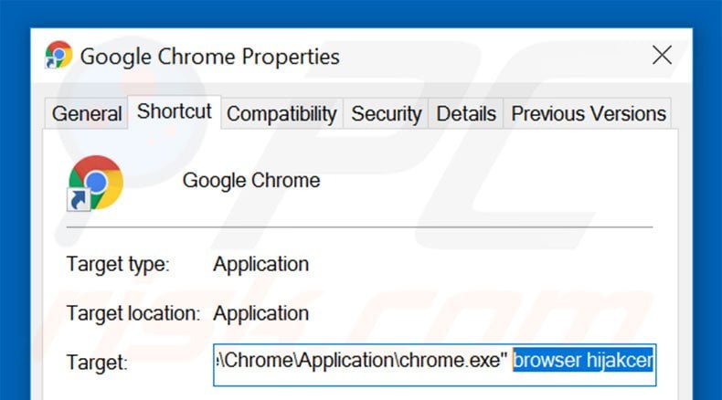 Verwijder go.mail.ru als doel van de Google Chrome snelkoppeling stap 2