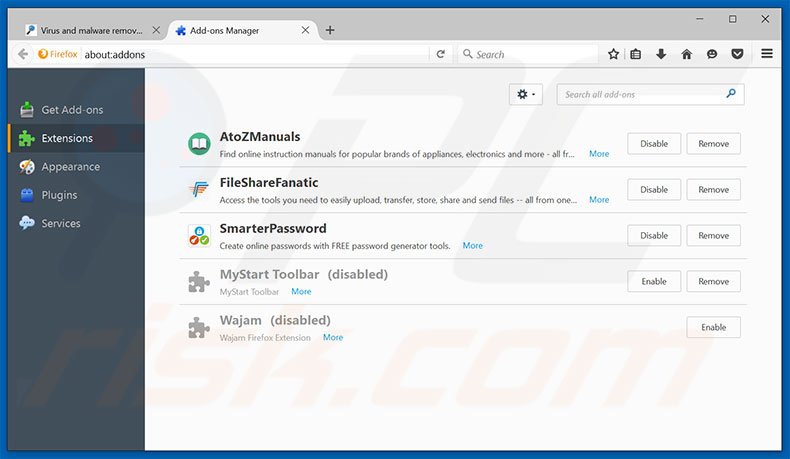 Verwijder aan go.mail.ru gerelateerde Mozilla Firefox extensies